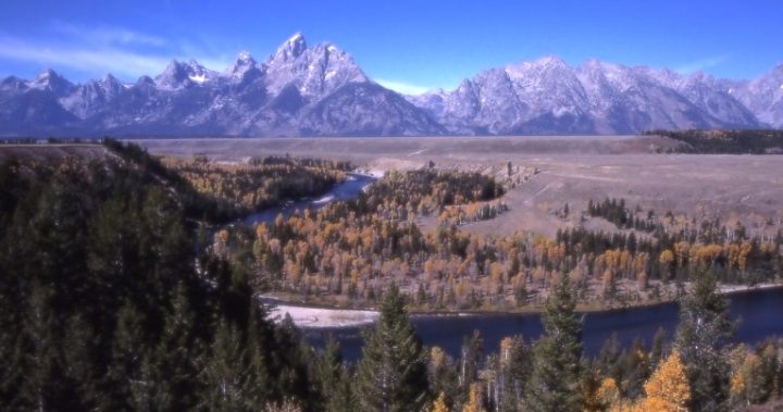 A landscpe with a river and autumn leaves. A mountain range is in the background.