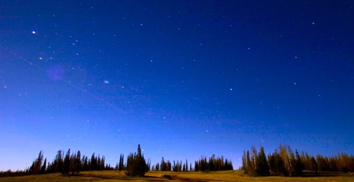 View of the night sky at sunset. The sky is becoming dark blue, and the sun is still illuminating the greenery on the ground. The sky is filled with stars, and gets deeper blue as the altitude increases.