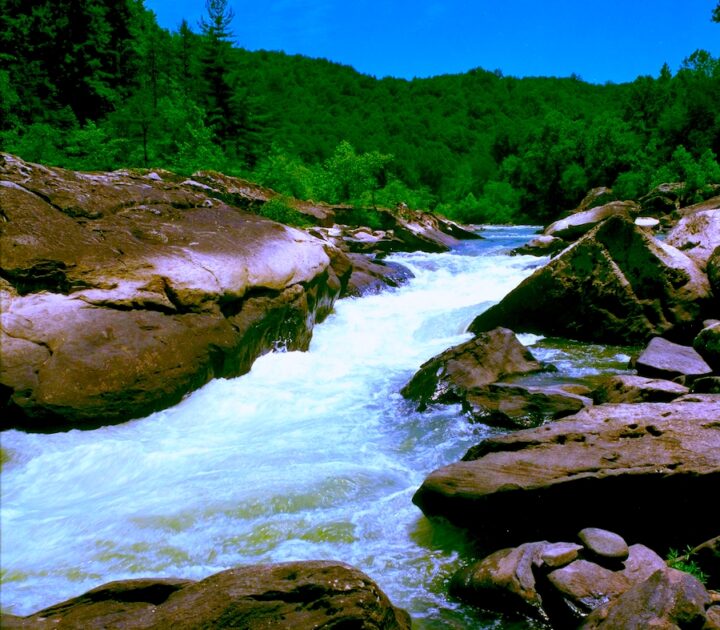 A river with water moving rapidly through a rocky landscape, creating white rapids. Other than the rapids, the water is blue. The rocks are brown and shiny from the mist of the water. In the background is a hillside with green trees. The sky is clear and blue.